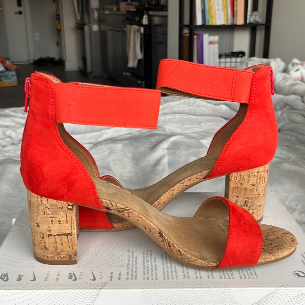 Orange suade/cork block heels 7.5 warn once too big for me. No scuffs anywhere!